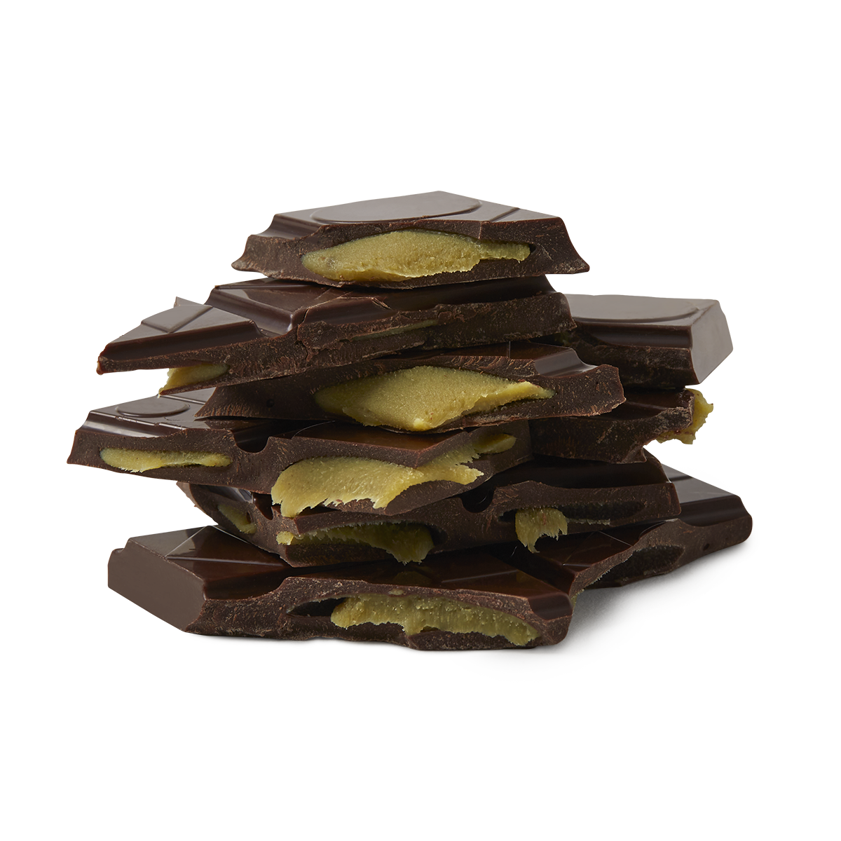 Filled broken chocolate pieces stacked together